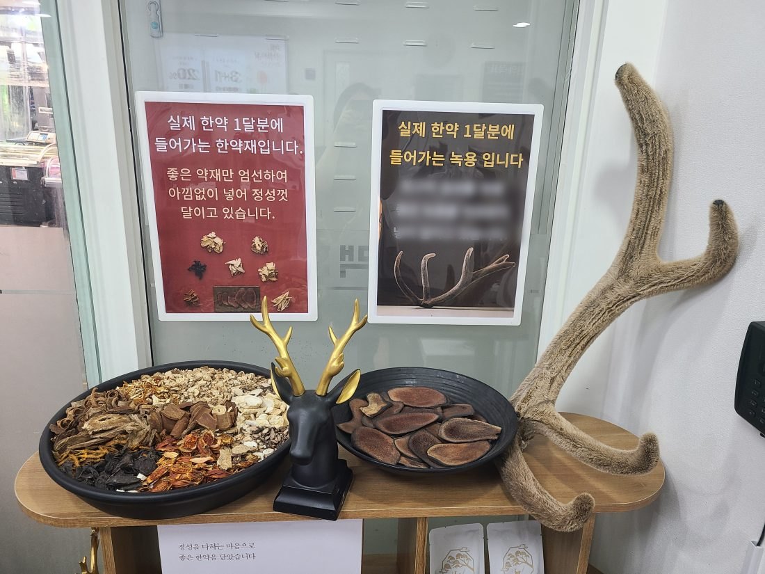 대기실에 전시해 둔 녹용과 한 달분 한약재