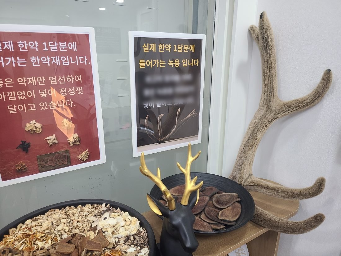 대기실의 녹용·약재 전시와 안내문