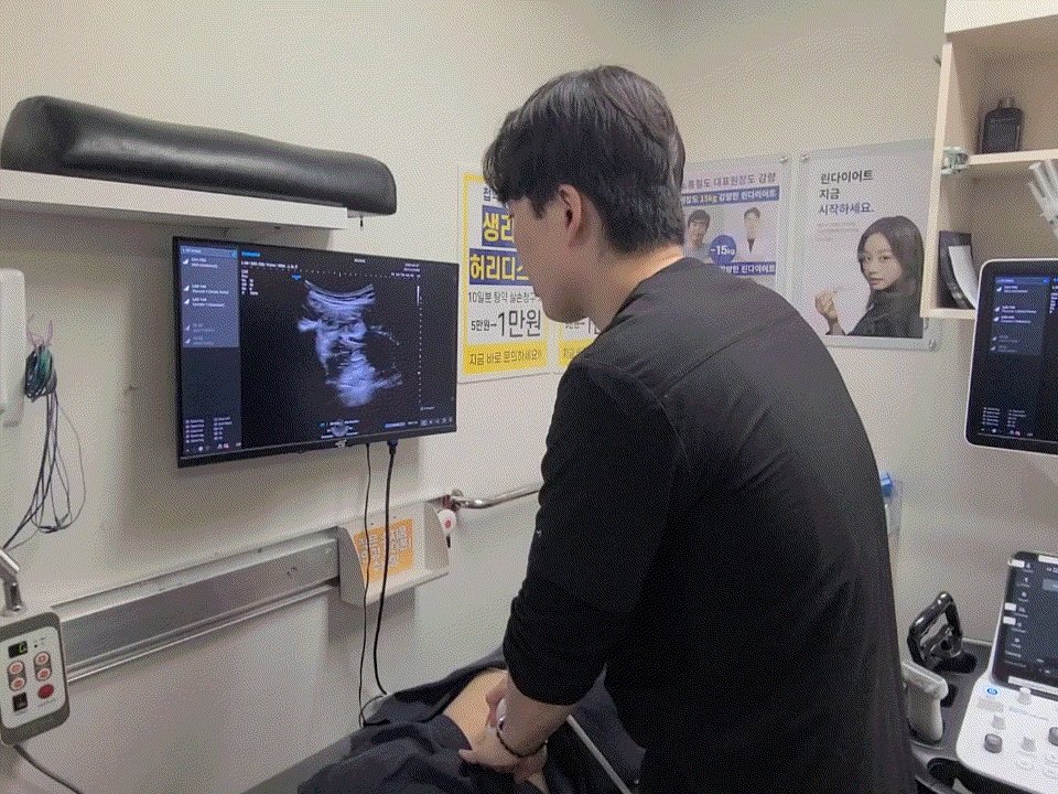 허리 부위에 초음파 프로브를 대고 검사하는 장면